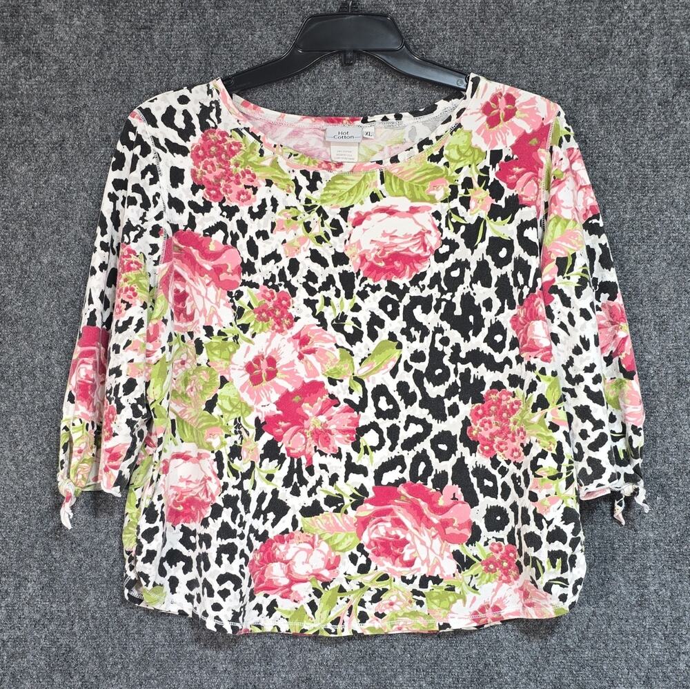 Hot Cotton Womens XL Multicolor Floral Round Neck 3/4 Sleeve Knit Top Tie